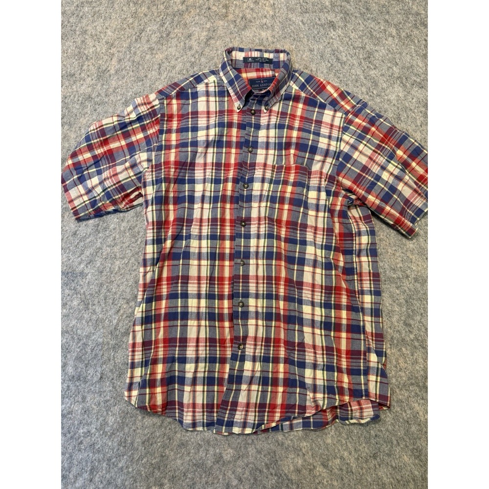 John Ashford Mens M Plaid Shirt Red Blue Madras 100% Cotton Short Sleeve Preppy